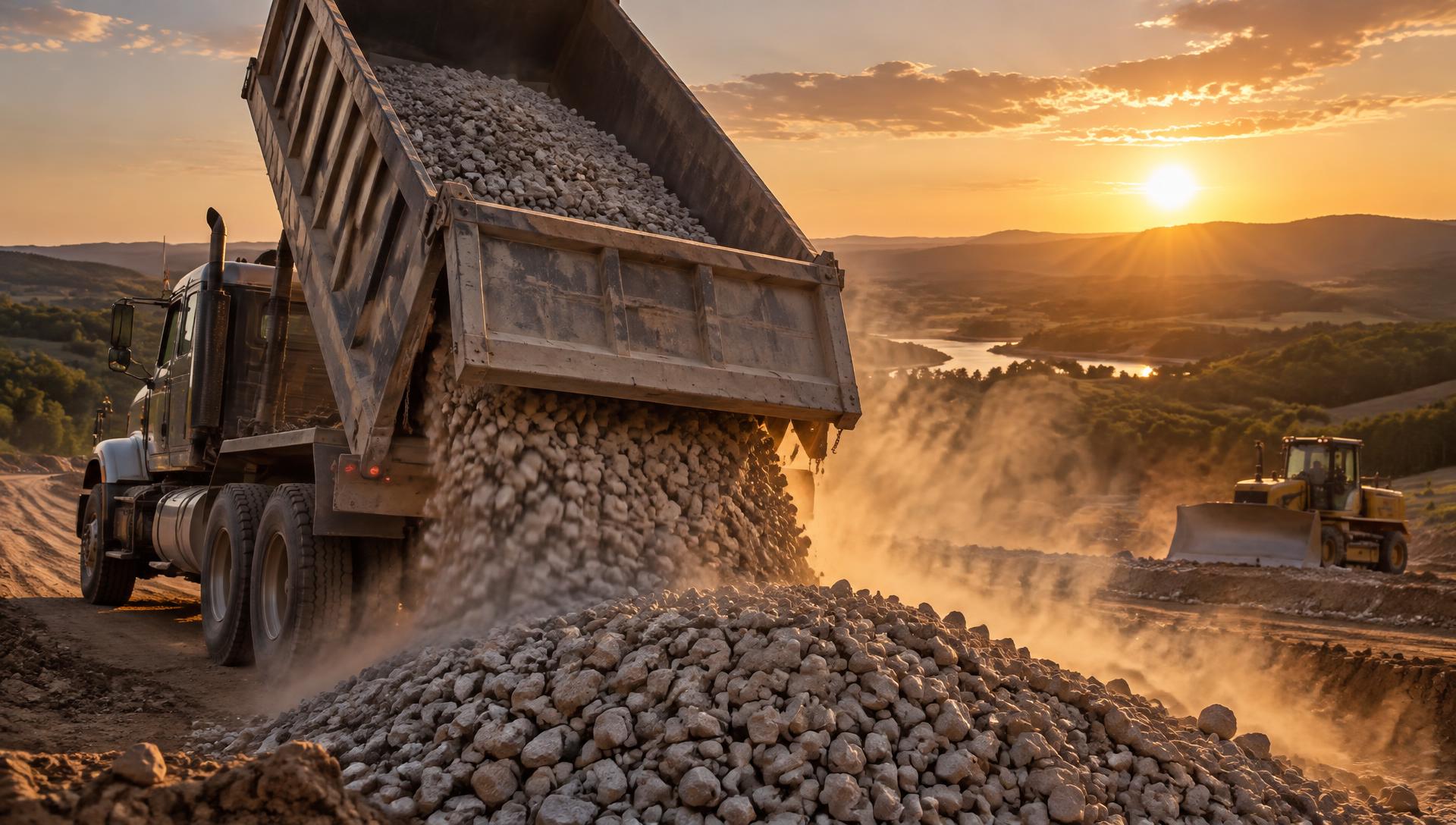 Dump truck delivering crushed limestone at a Central Texas job site